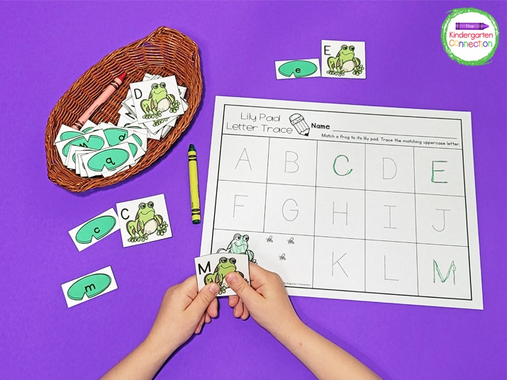Students can match the frog and lily pad letter pieces and then trace the letters on the recording sheet.