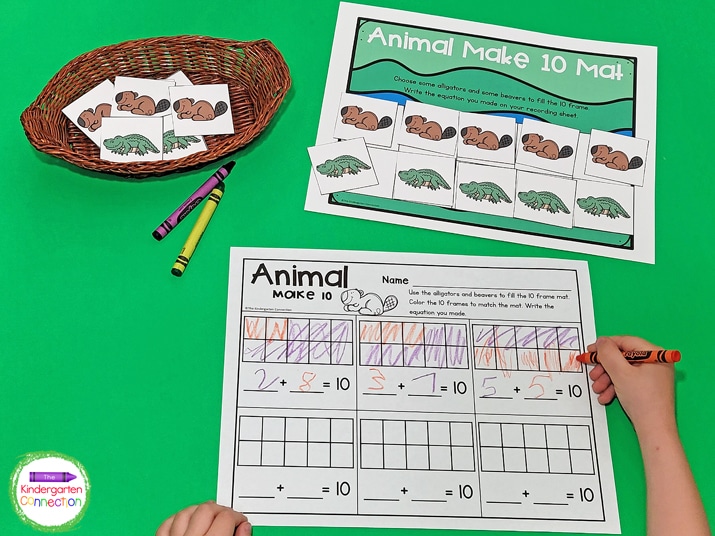 Use the alligator and beaver cards to make 10. Write the equation you build on the recording sheet.
