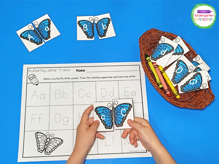 Students can match the butterfly letter pieces and then trace the letters on the recording sheet.