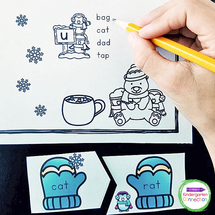 This winter-themed literacy center is perfect for Kindergarten and 1st grade students to work on rhyming and reading CVC words! 