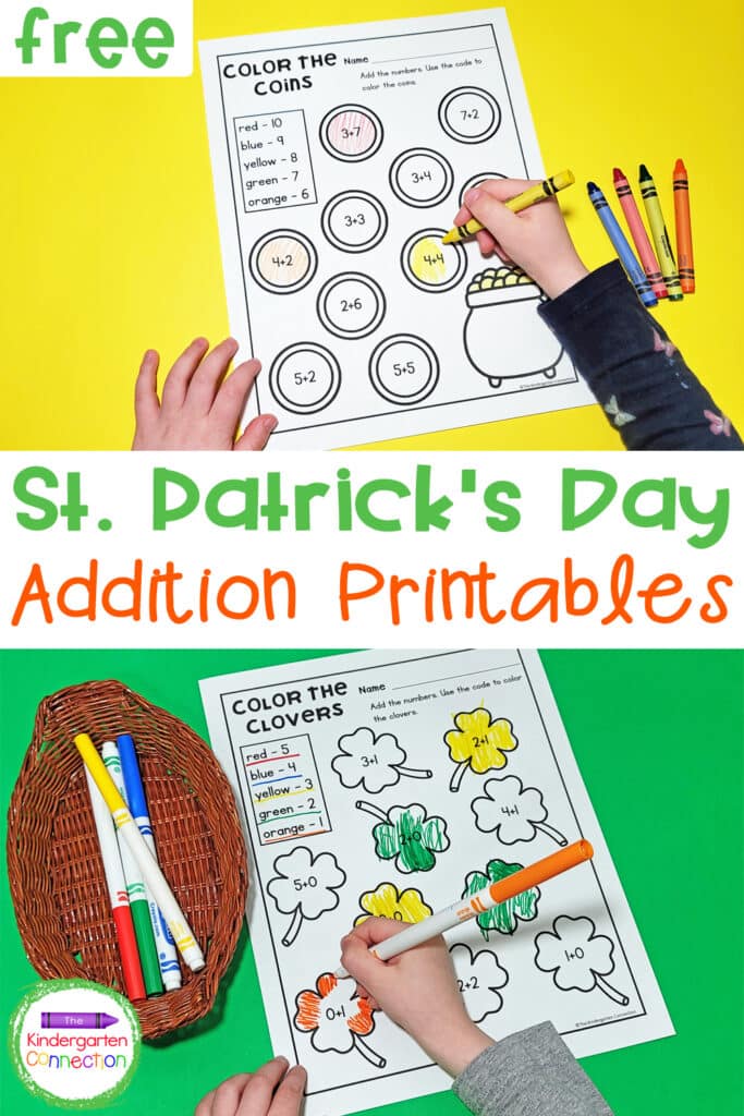 Have a blast strengthening addition skills while coloring lucky shamrocks and gold coins on these free St. Patrick's Day Addition Printables!
