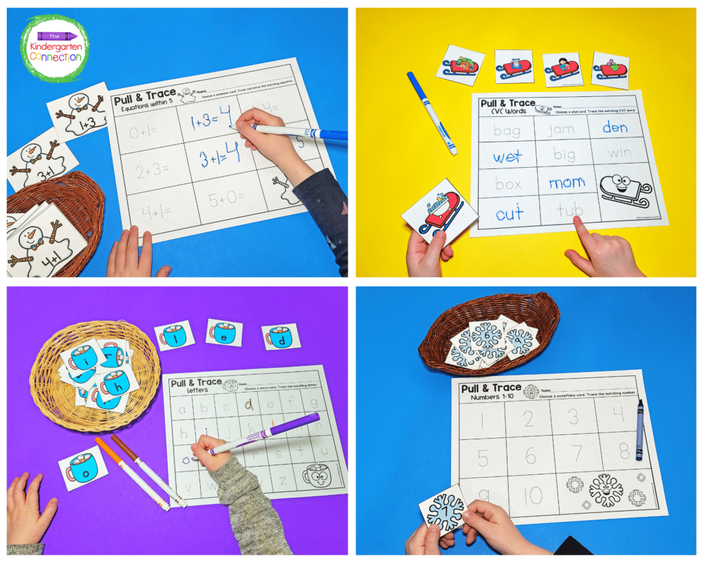 Skills covered in this pack include letter recognition, CVC words, number recognition, and addition.