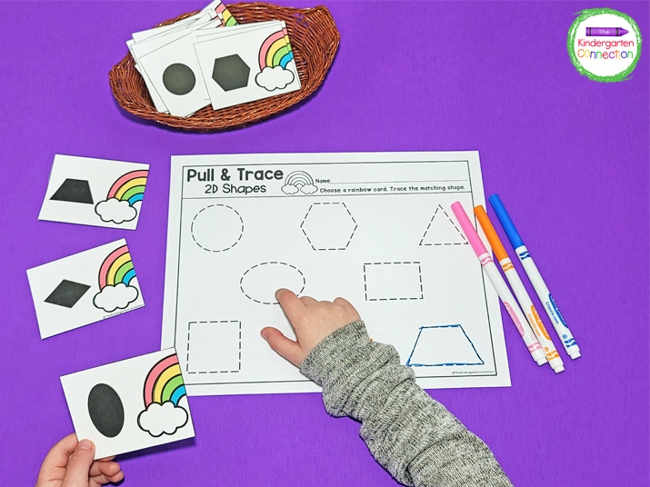 The rainbow printable provides practice with recognizing and tracing shapes.