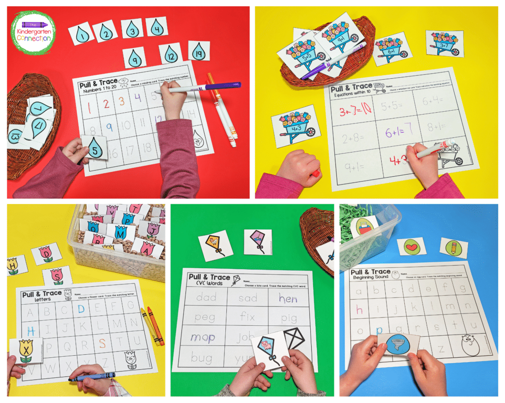 Skills covered in this pack include letter recognition, beginning sounds, CVC words, number recognition, and addition.